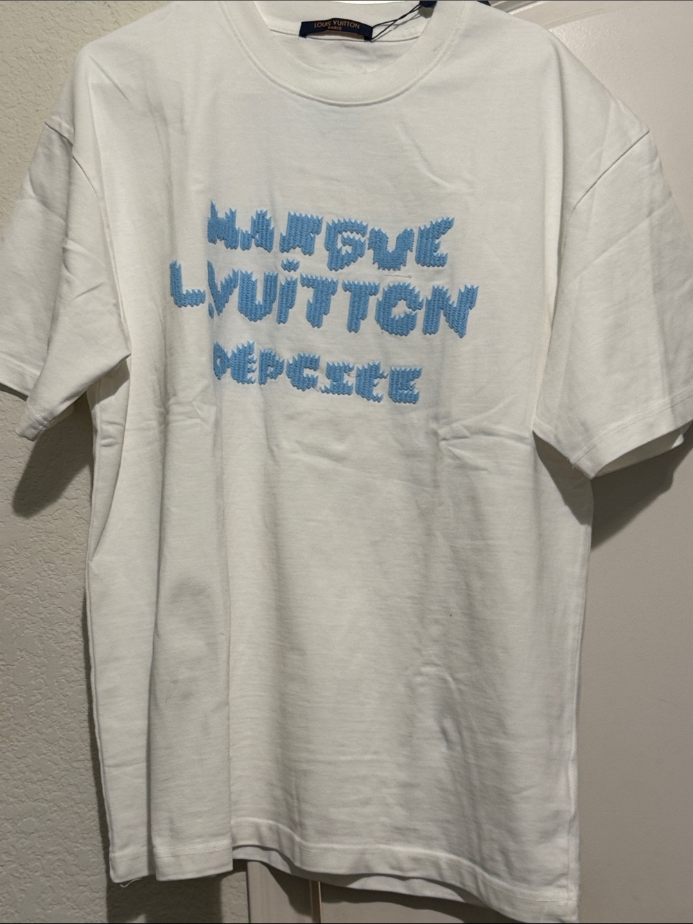Louis Vuitton White Tee with Sky Blue Logo